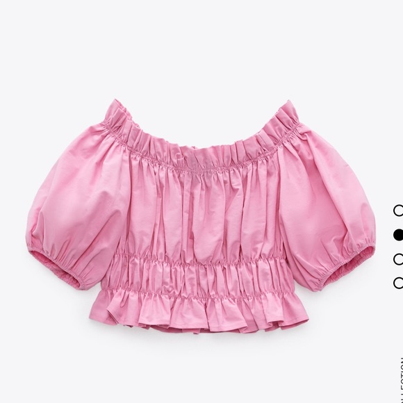 Puff sleeve ruched pink off shoulder crop top Sz S - Picture 2 of 7